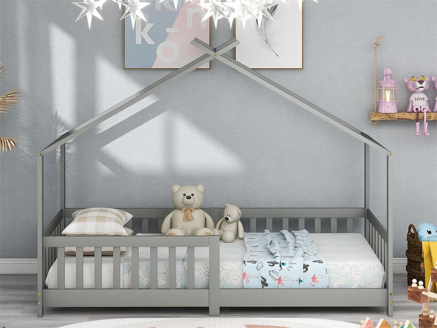Lit cabane enfant - 90 x 200 cm - pin - sommier à lattes - coloris gris