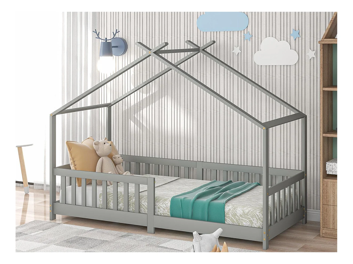 Lit cabane enfant - 90 x 200 cm - pin - sommier à lattes - coloris gris