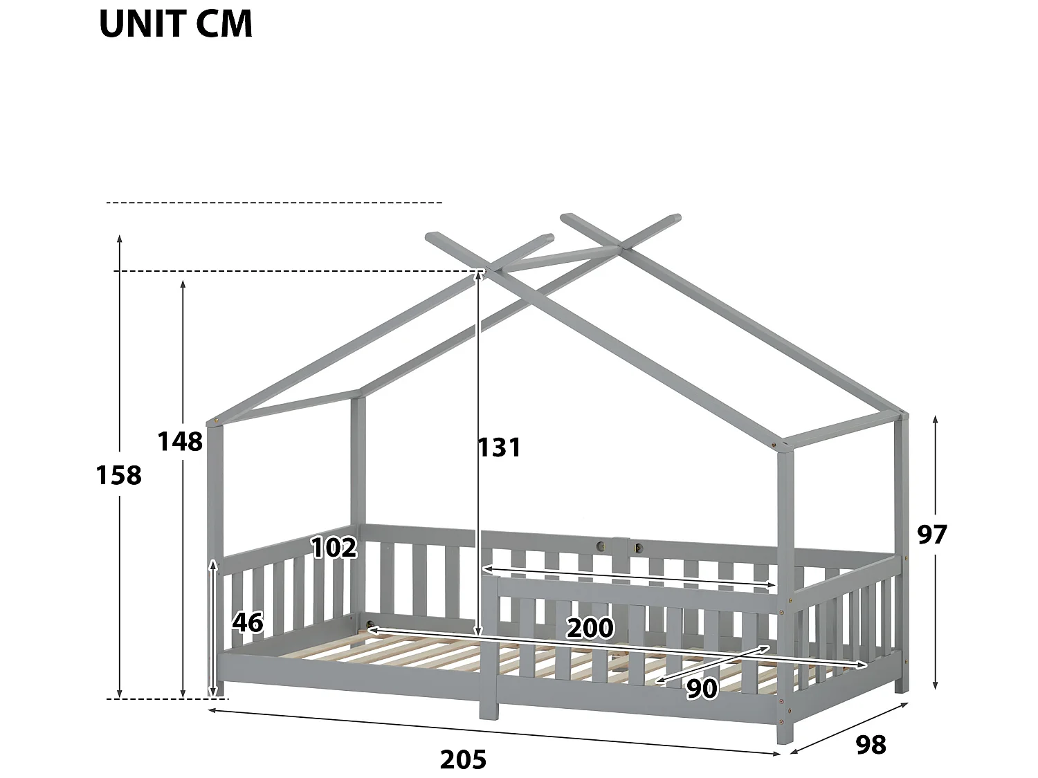 Lit cabane enfant - 90 x 200 cm - pin - sommier à lattes - coloris gris