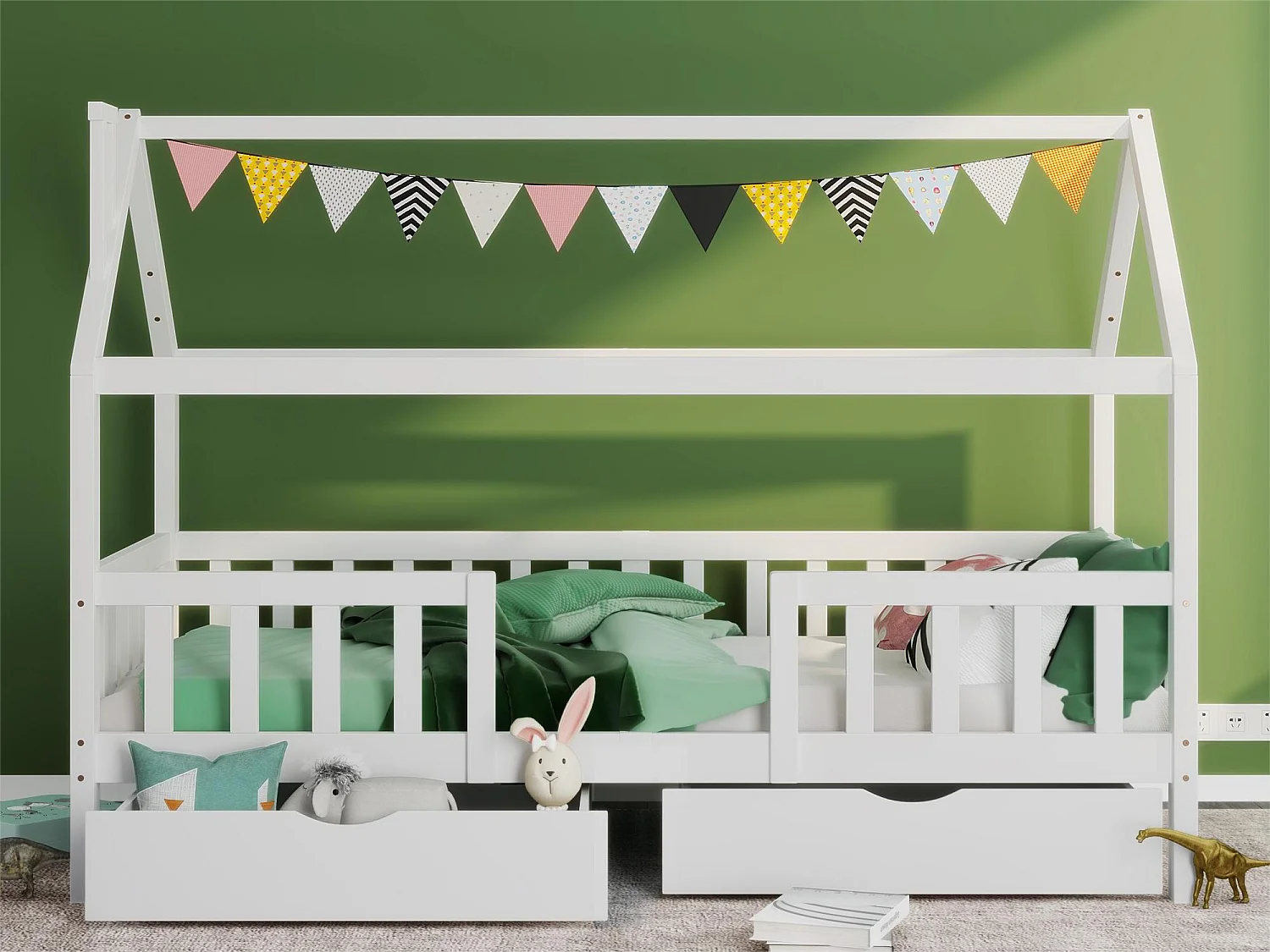 Kinderhutbed 90x200cm - Massief grenenhout - 2 opberglades - met lattenbodem en barrière - Wit