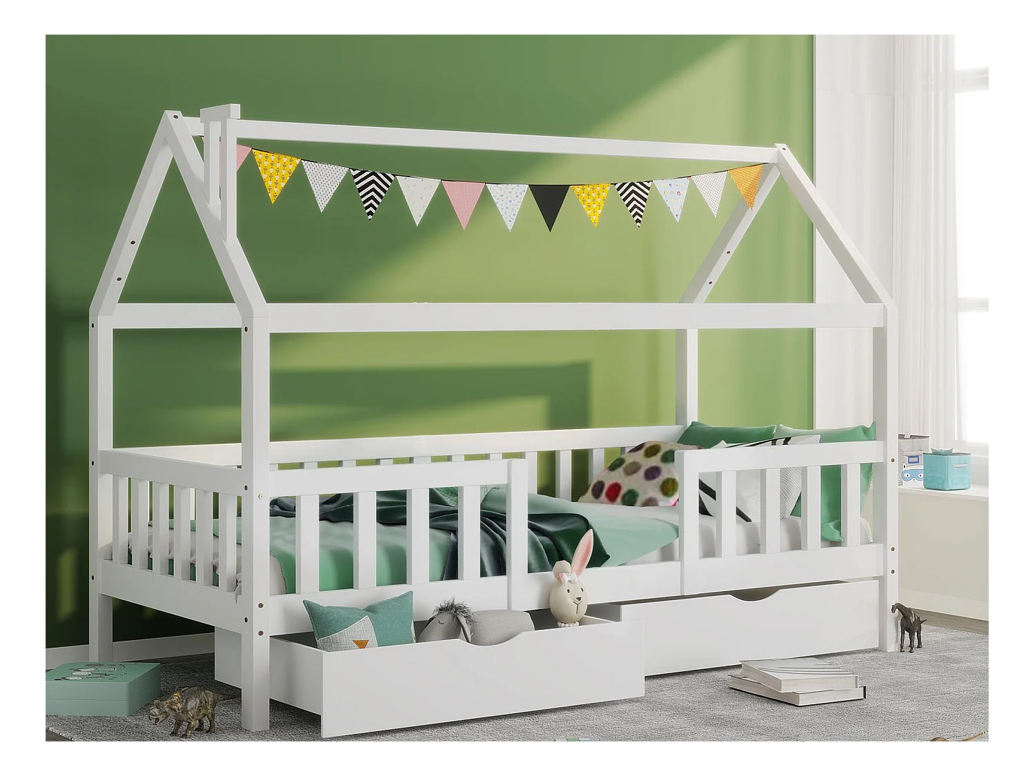 Lit cabane pour enfant 90x200cm  - Bois pin massif - 2 Tiroirs espace de rangement - avec sommier à lattes et barrière - Blanc