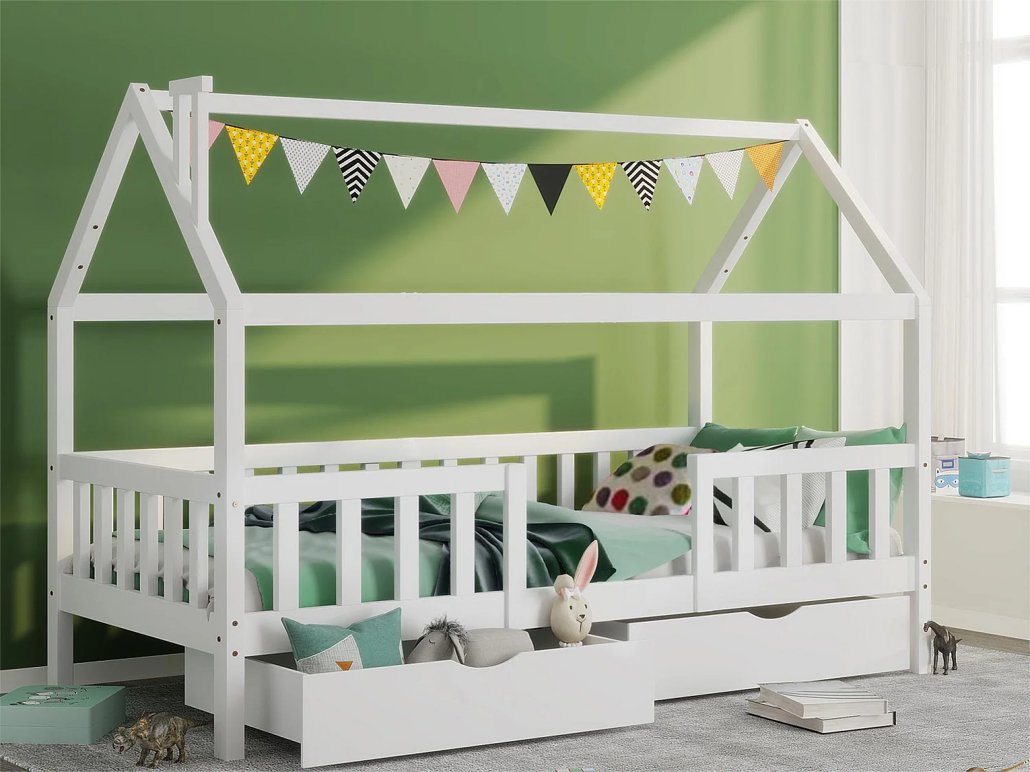 Kinderhutbed 90x200cm - Massief grenenhout - 2 opberglades - met lattenbodem en barrière - Wit