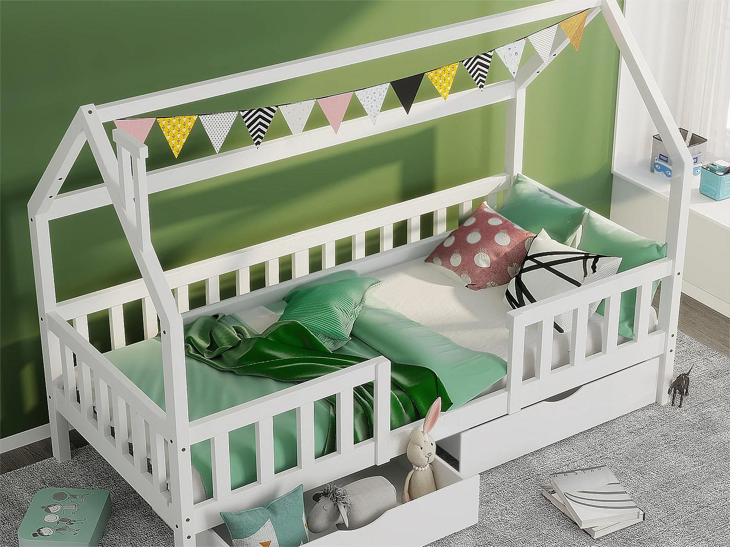 Kinderhutbed 90x200cm - Massief grenenhout - 2 opberglades - met lattenbodem en barrière - Wit