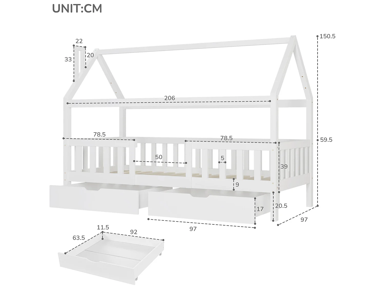Kinderhutbed 90x200cm - Massief grenenhout - 2 opberglades - met lattenbodem en barrière - Wit