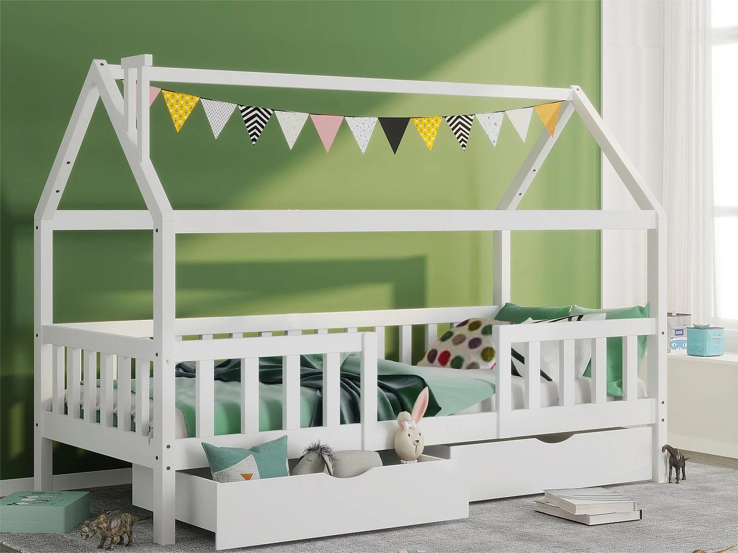 Lit cabane pour enfant 90x200cm  - Bois pin massif - 2 Tiroirs espace de rangement - avec sommier à lattes et barrière - Blanc