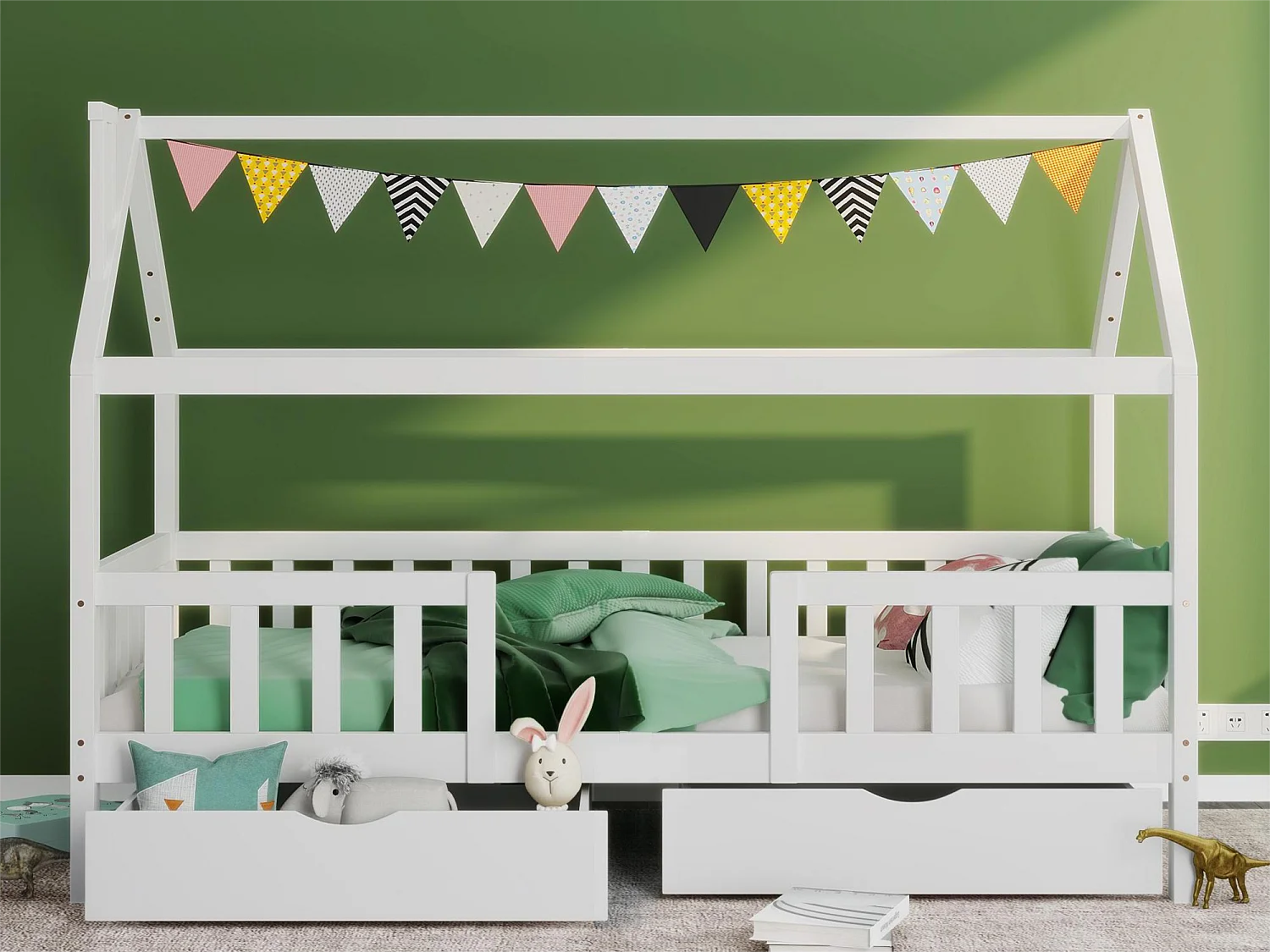 Lit cabane pour enfant 90x200cm  - Bois pin massif - 2 Tiroirs espace de rangement - avec sommier à lattes et barrière - Blanc