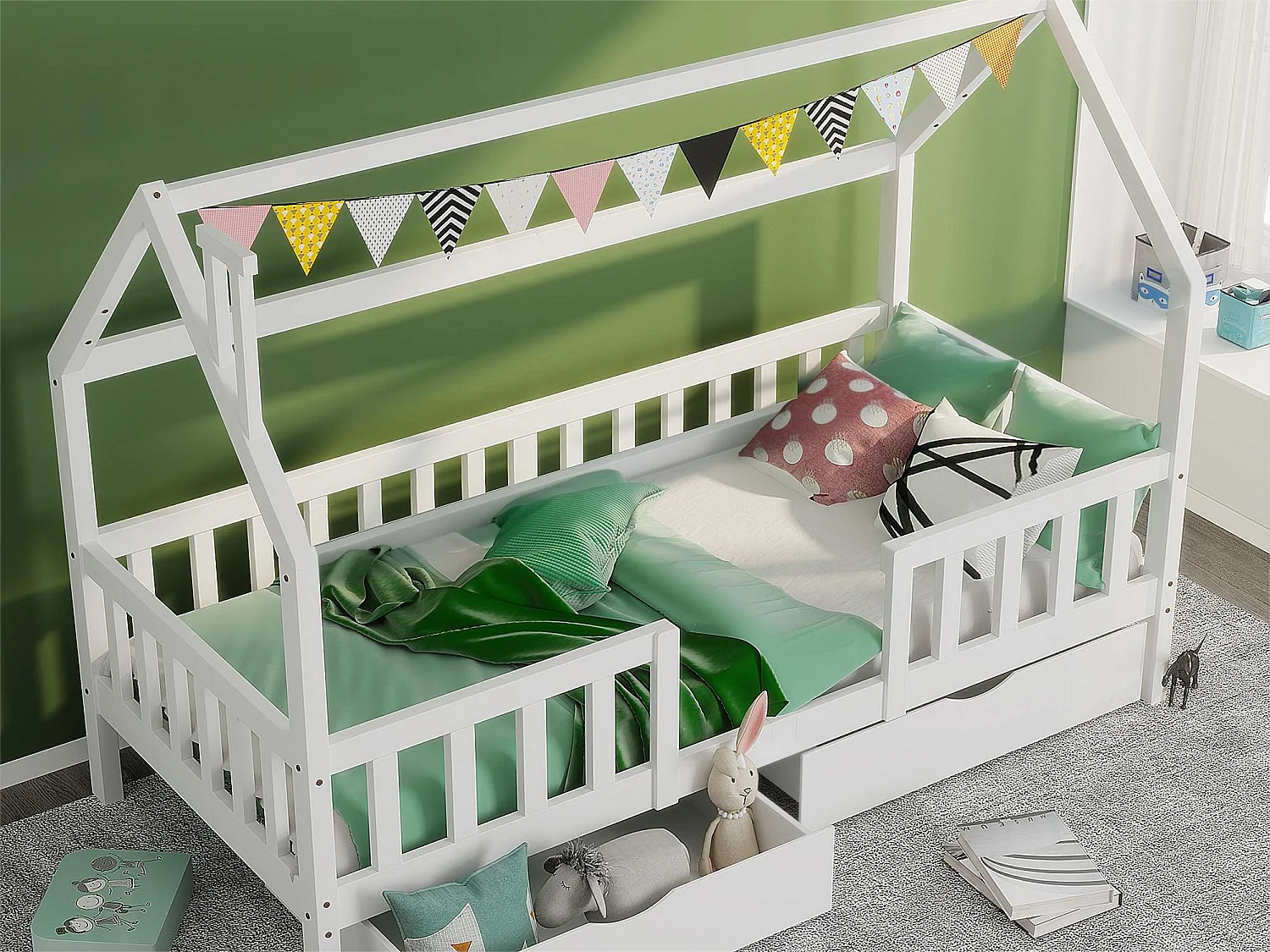 Lit cabane pour enfant 90x200cm  - Bois pin massif - 2 Tiroirs espace de rangement - avec sommier à lattes et barrière - Blanc