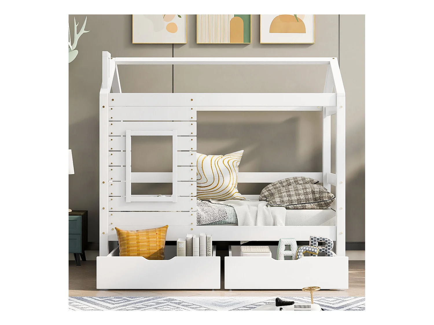Lit cabane 80 x 160 cm avec 2 tiroirs - bois de pin massif - sommier à lattes et barrières - blanc