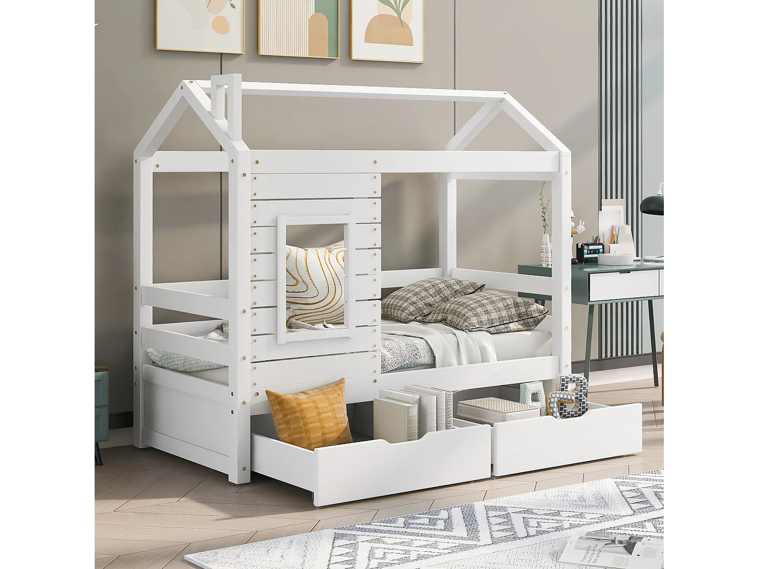 Cabinebed 80 x 160 cm met 2 laden - massief grenenhout - lattenbodem en rails - wit