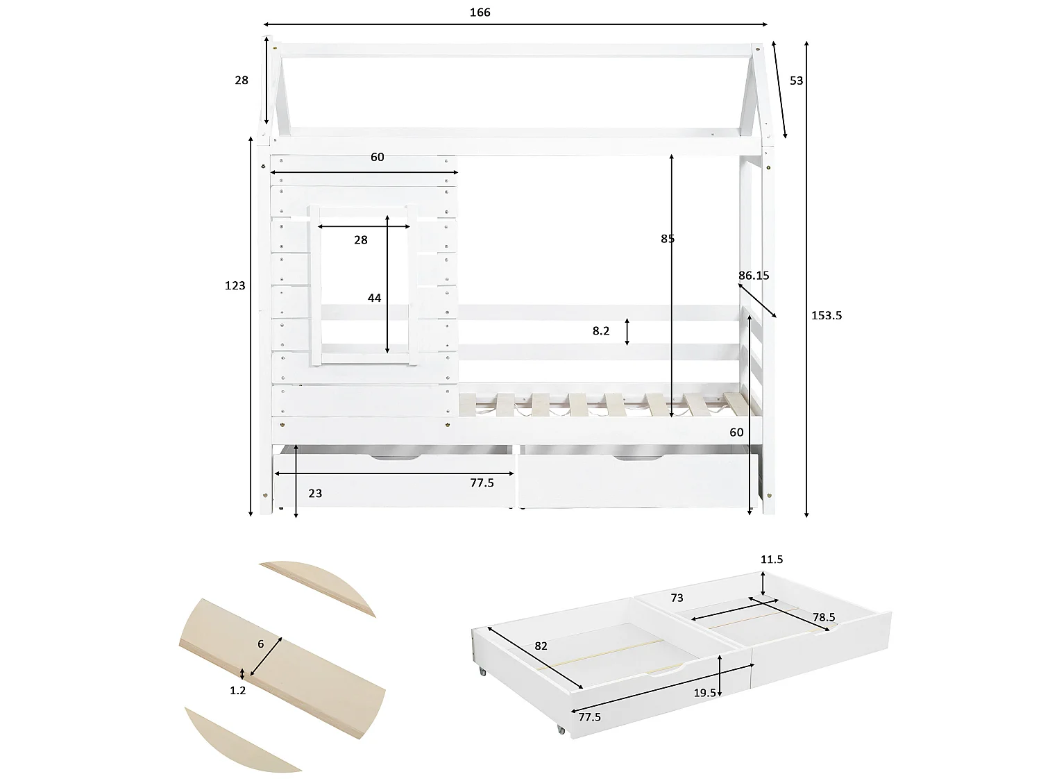 Cabinebed 80 x 160 cm met 2 laden - massief grenenhout - lattenbodem en rails - wit