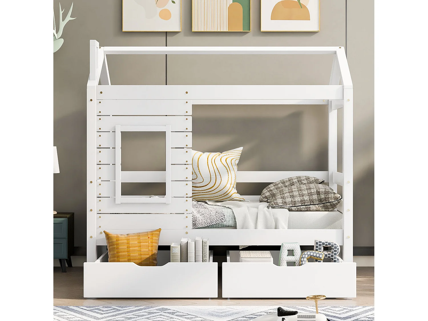 Hochbett 80 x 160 cm mit 2 Schubladen – massives Kiefernholz – Lattenrost und Schienen – weiß