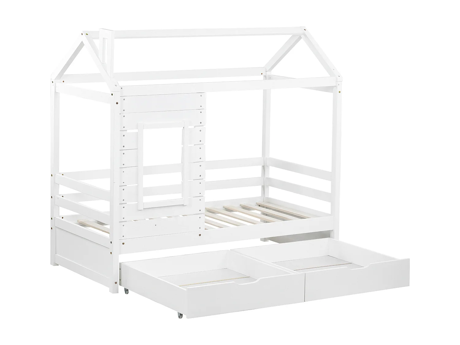 Hochbett 80 x 160 cm mit 2 Schubladen – massives Kiefernholz – Lattenrost und Schienen – weiß