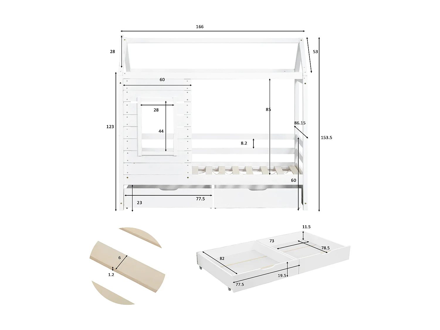 Hochbett 80 x 160 cm mit 2 Schubladen – massives Kiefernholz – Lattenrost und Schienen – weiß