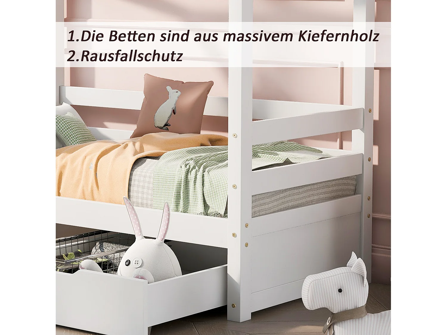 Hochbett 80 x 160 cm mit 2 Schubladen – massives Kiefernholz – Lattenrost und Schienen – weiß