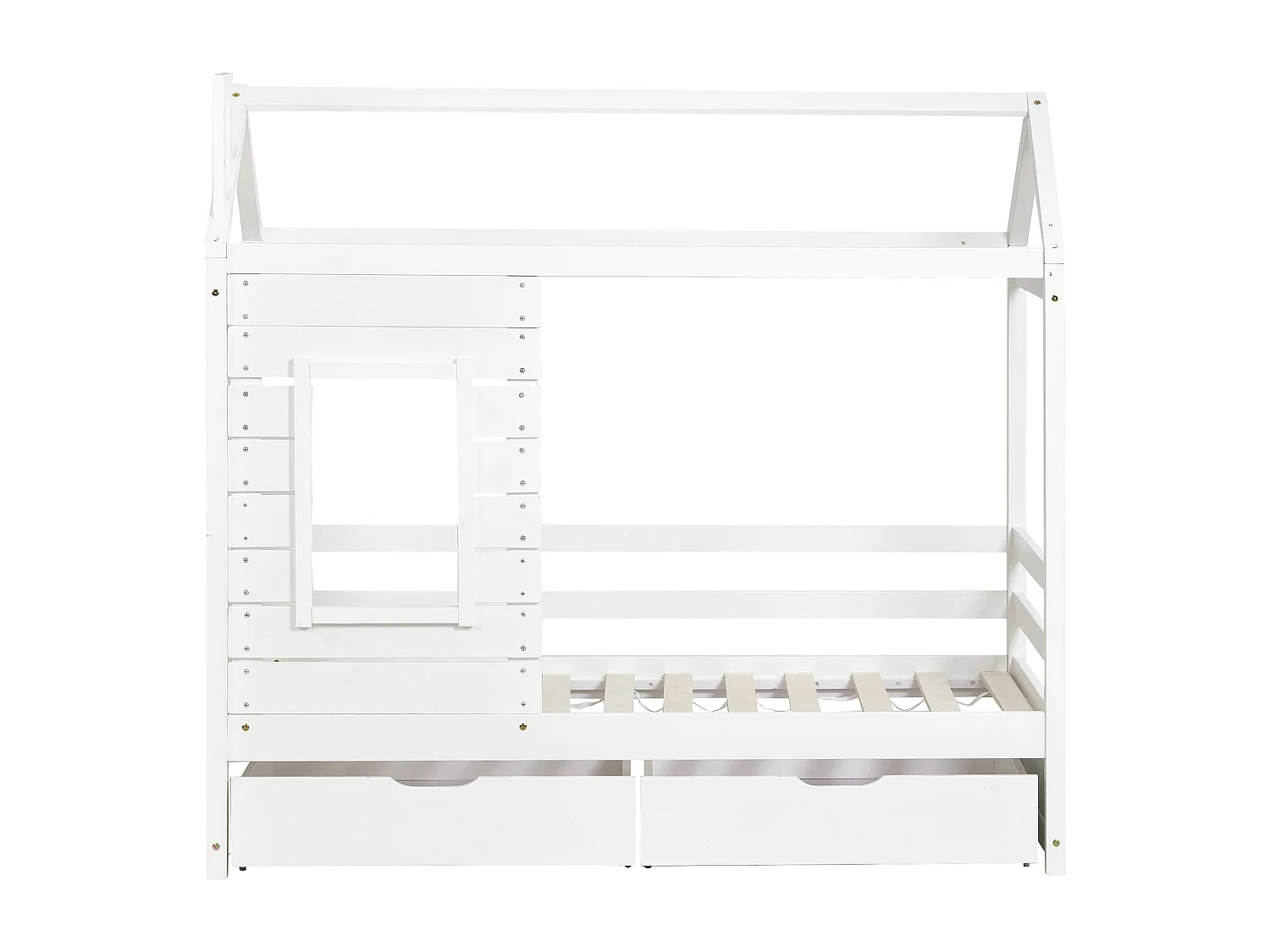 Hochbett 80 x 160 cm mit 2 Schubladen – massives Kiefernholz – Lattenrost und Schienen – weiß