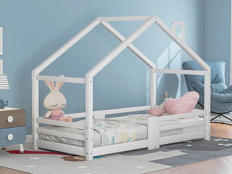 Hochbett für Kinder – 90 x 200 cm – Kiefer – Barriere und Lattenrost – weiß