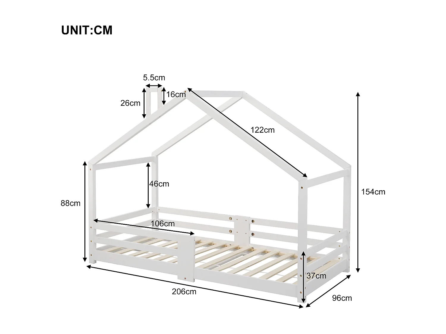 Cama cabine infantil - 90 x 200 cm - pinho - barreira e base de ripas - branco