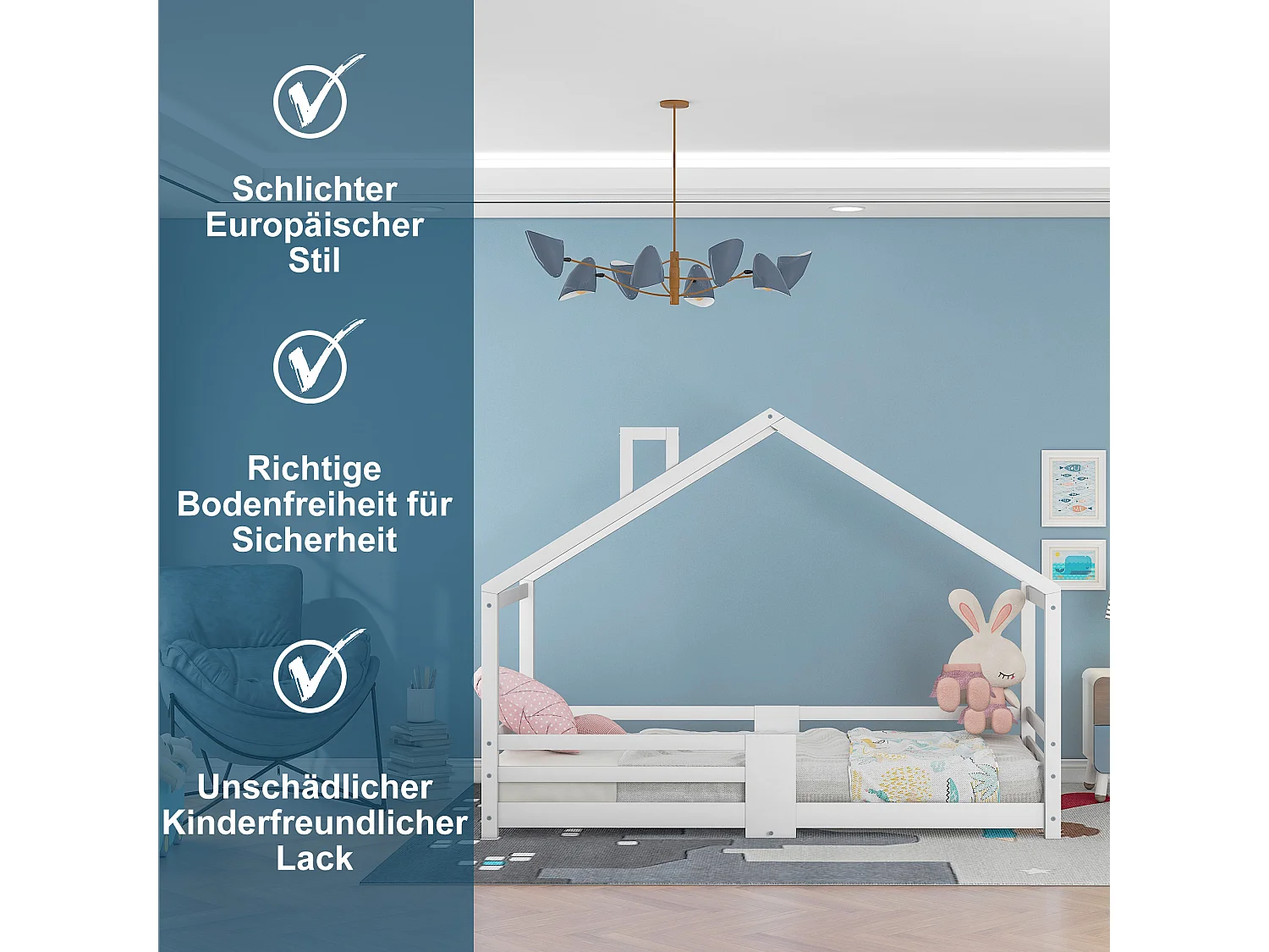 Cama cabine infantil - 90 x 200 cm - pinho - barreira e base de ripas - branco