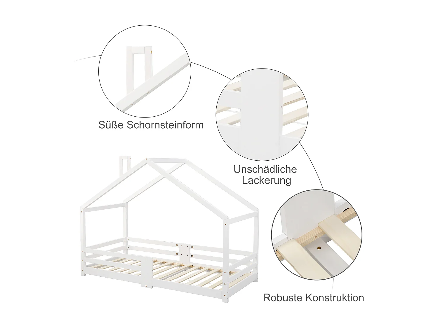 Lit cabane enfant - 90 x 200 cm - pin - barrière et sommier à lattes - blanc