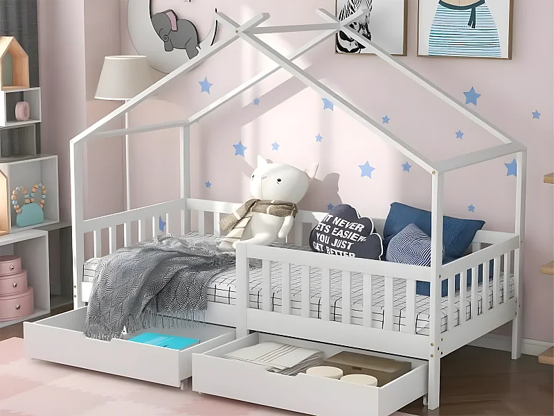 Hochbett mit 2 Schubladen – 90 x 200 cm – Kiefernholz – Lattenrost – Weiß