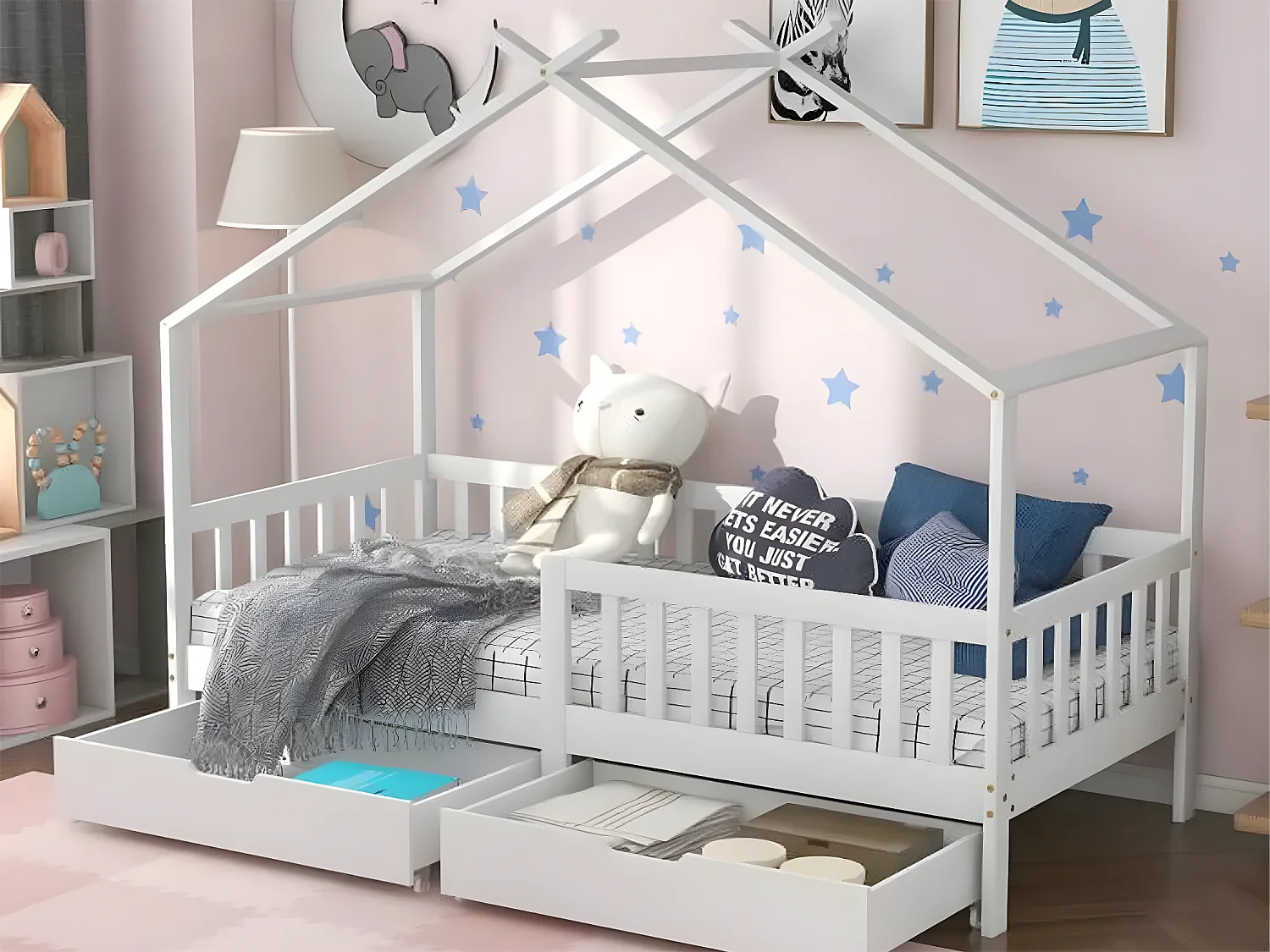 Letto cabina con 2 cassetti - 90 x 200 cm - legno di pino - rete a doghe - bianco