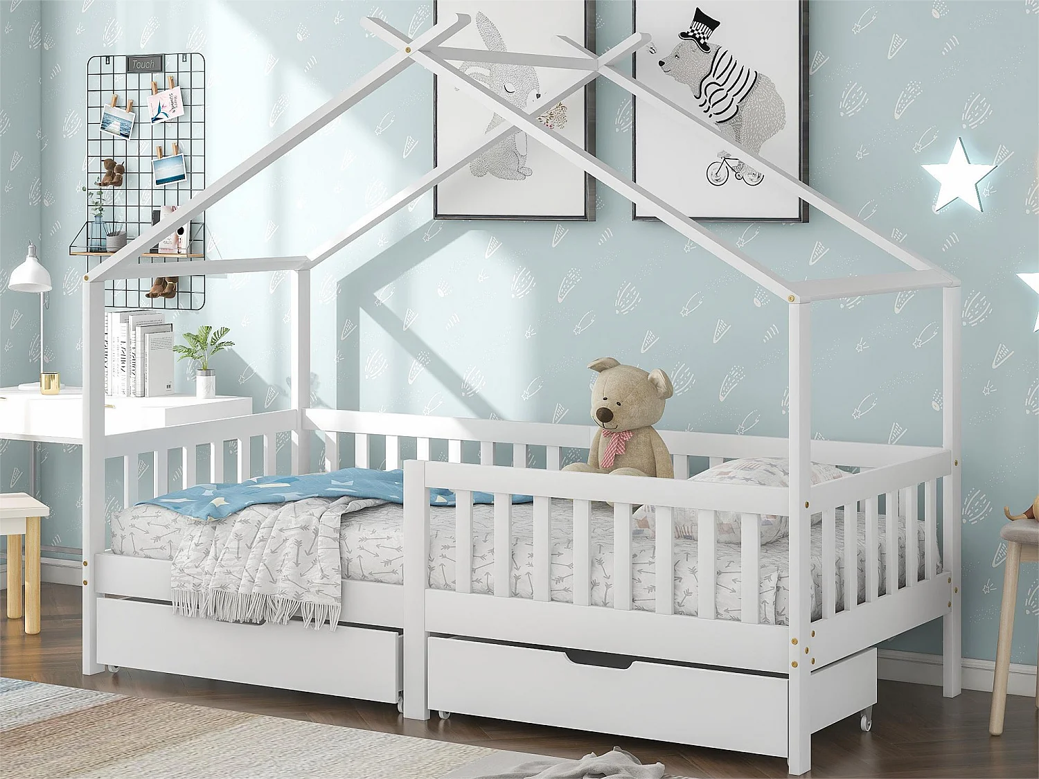 Letto cabina con 2 cassetti - 90 x 200 cm - legno di pino - rete a doghe - bianco