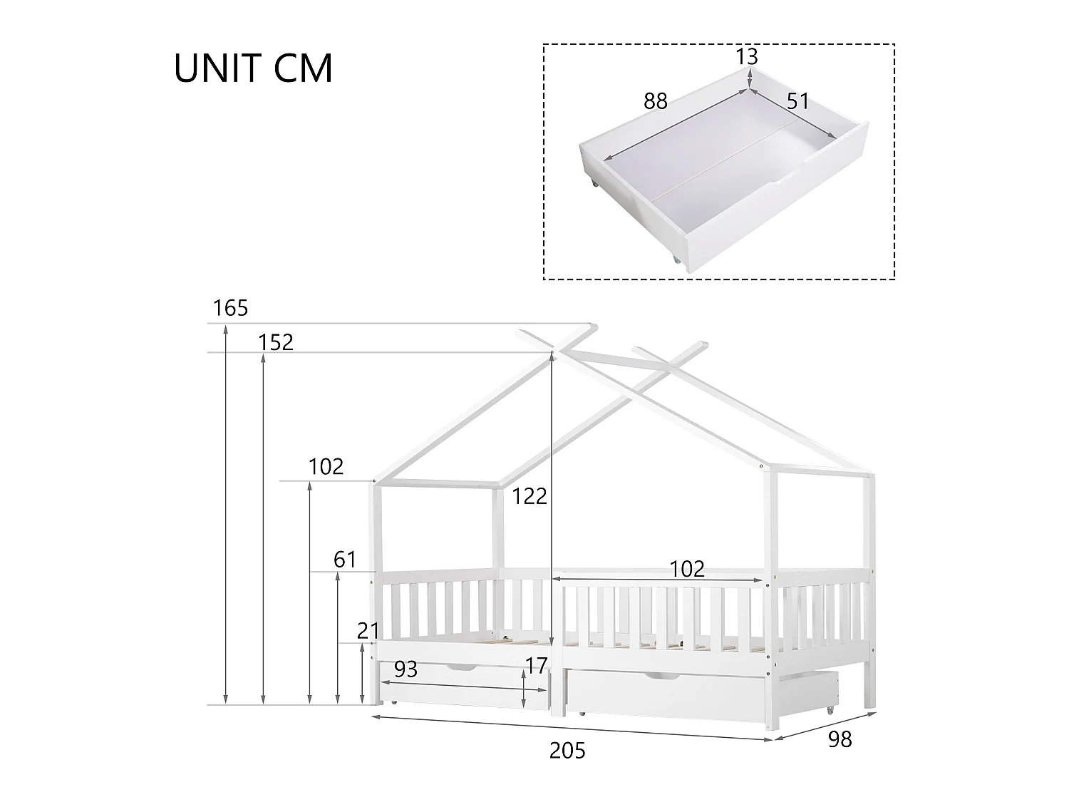 Kajuitbed met 2 laden - 90 x 200 cm - grenenhout - lattenbodem - wit