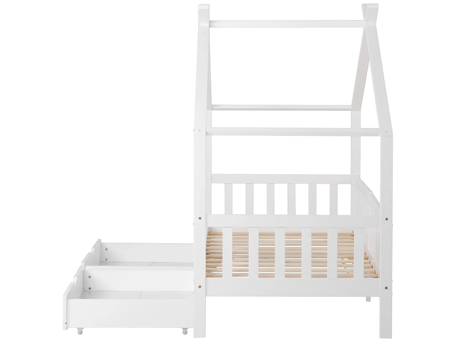 Lit cabane avec 2 tiroirs - 90 x 200 cm - bois de pin - sommier à lattes - blanc