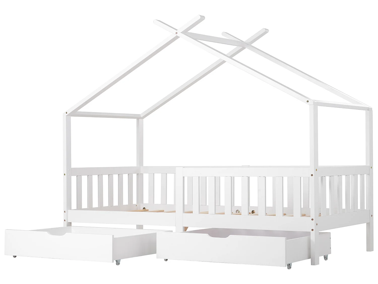 Lit cabane avec 2 tiroirs - 90 x 200 cm - bois de pin - sommier à lattes - blanc