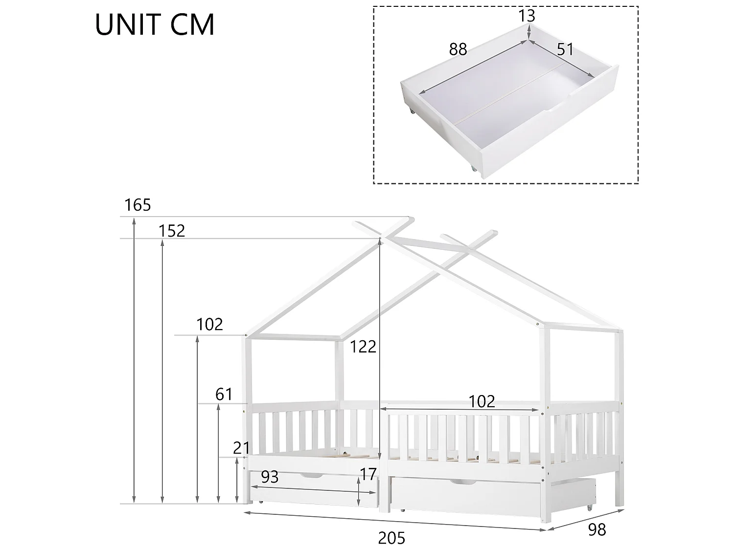 Lit cabane avec 2 tiroirs - 90 x 200 cm - bois de pin - sommier à lattes - blanc