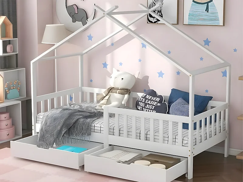 Lit cabane avec 2 tiroirs - 90 x 200 cm - bois de pin - sommier à lattes - blanc