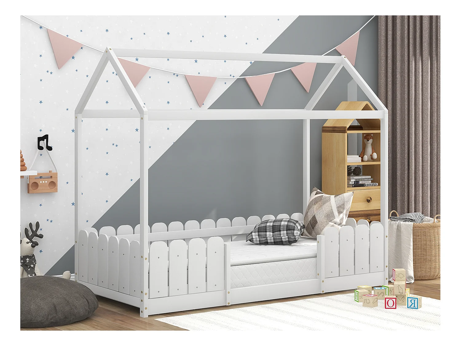 Lit cabane enfant - 90 x 200 cm - bois massif - barrière et sommier à lattes - blanc