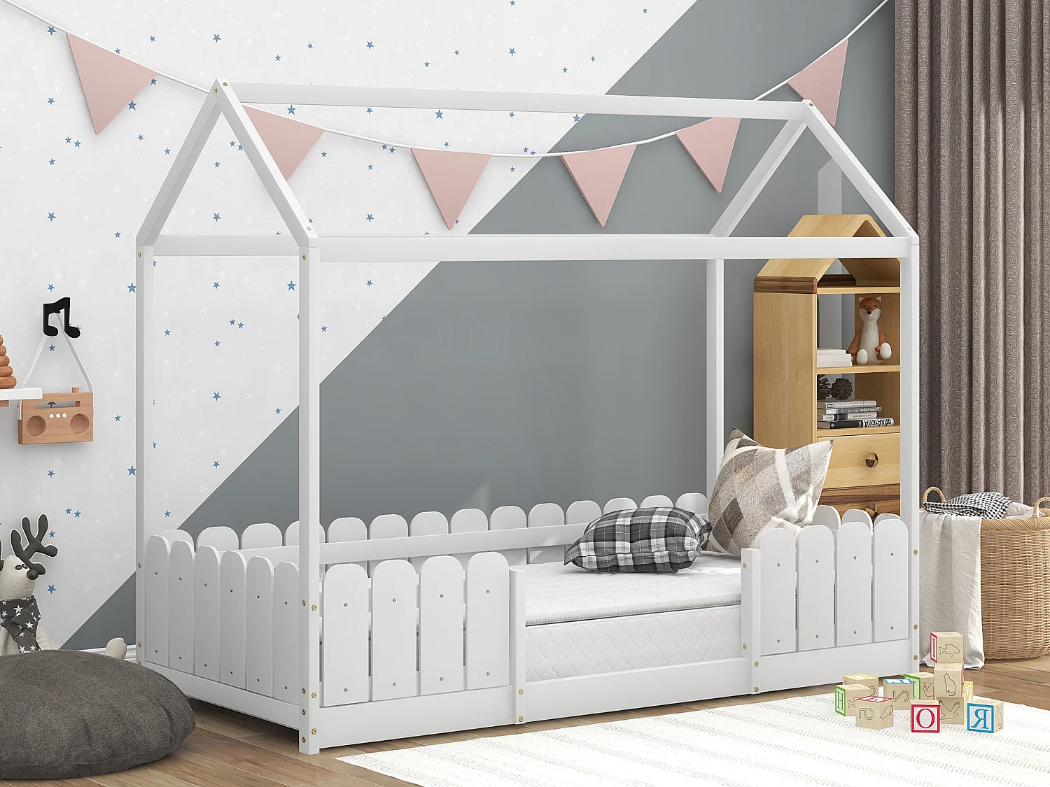 Kinderhutbed - 90 x 200 cm - massief hout - barrière en lattenbodem - wit