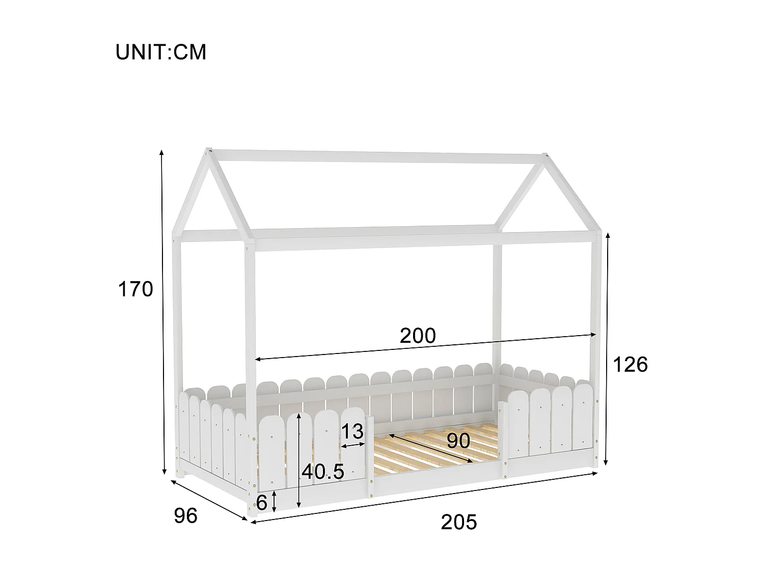 Kinderhutbed - 90 x 200 cm - massief hout - barrière en lattenbodem - wit