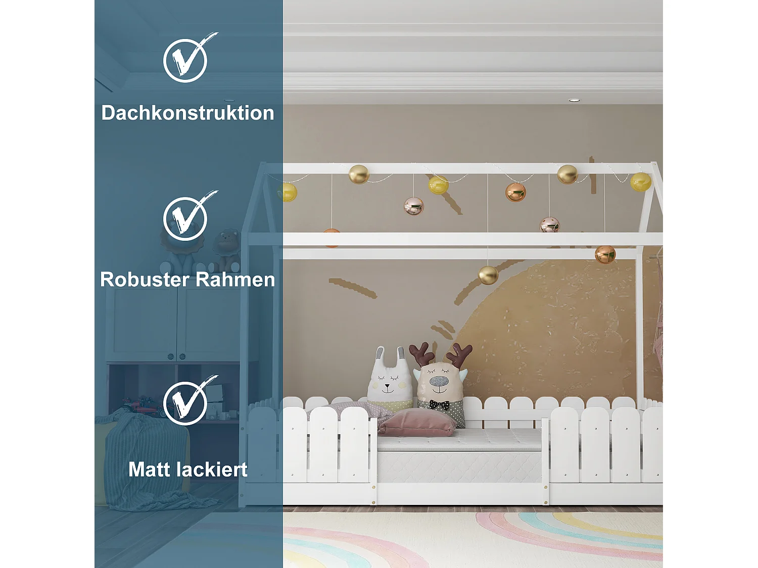 Kinderhutbed - 90 x 200 cm - massief hout - barrière en lattenbodem - wit