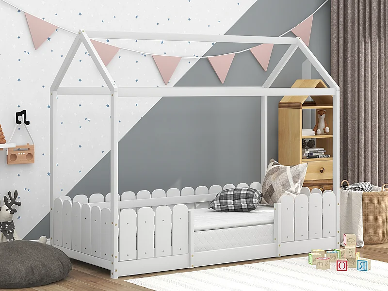 Łóżko dziecięce kabinowe - 90 x 200 cm - lite drewno - barierka i stelaż listwowy - białe