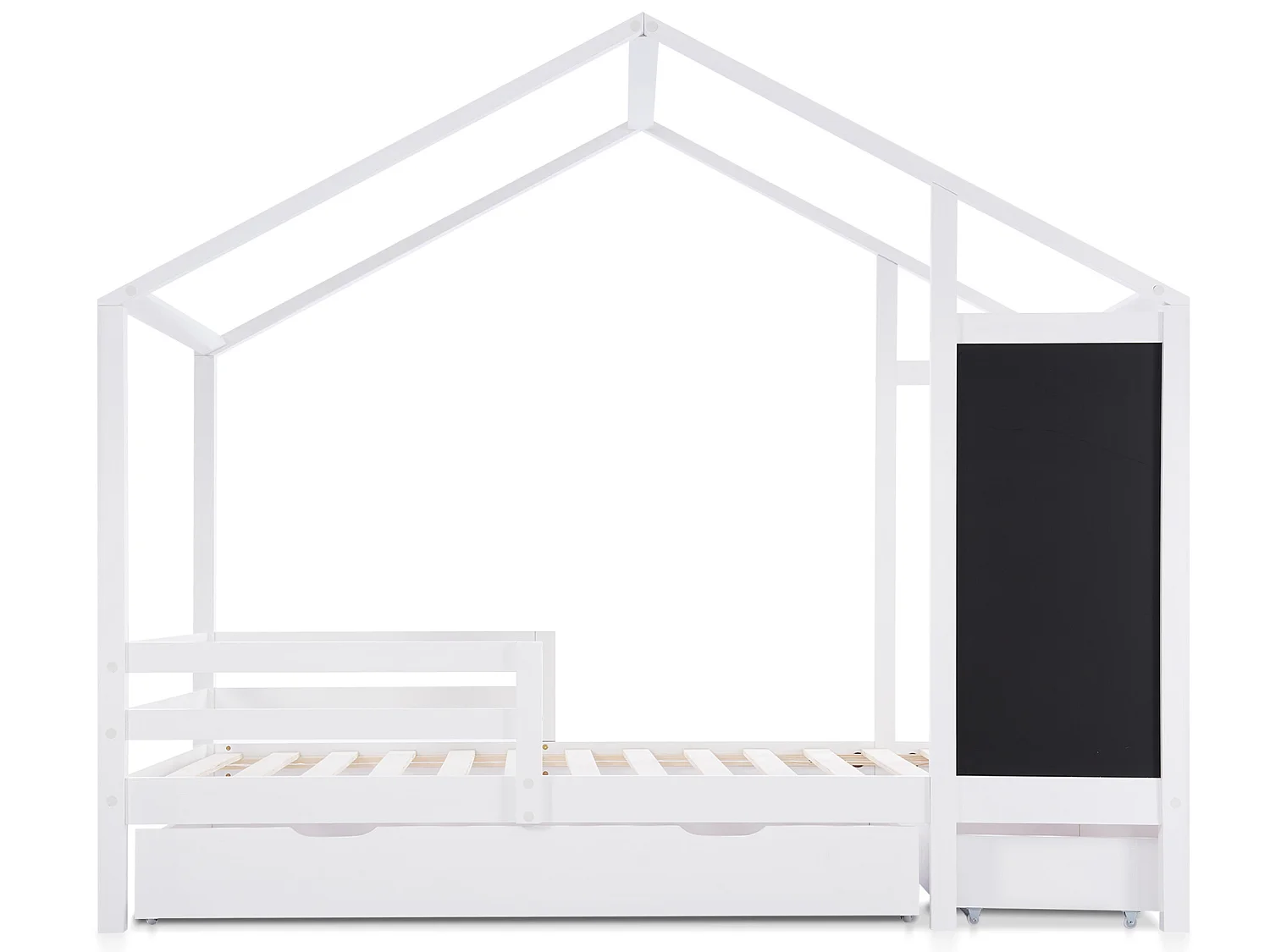 Lit cabane avec 2 grand tiroirs - 90 x 200 cm - bois massif - sommier à lattes - blanc