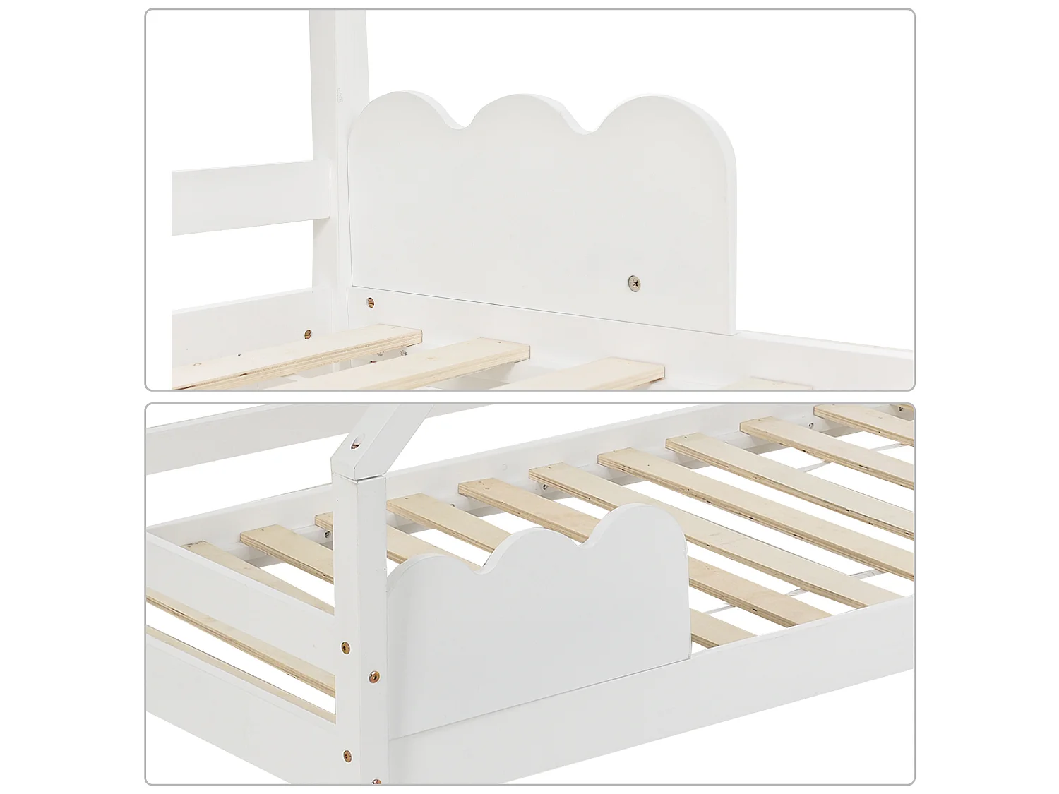 Lit cabane lit enfant 80x160cm avec protection antichute, lit ludique avec cadre enroulable, lit jeunesse bois massif blanc