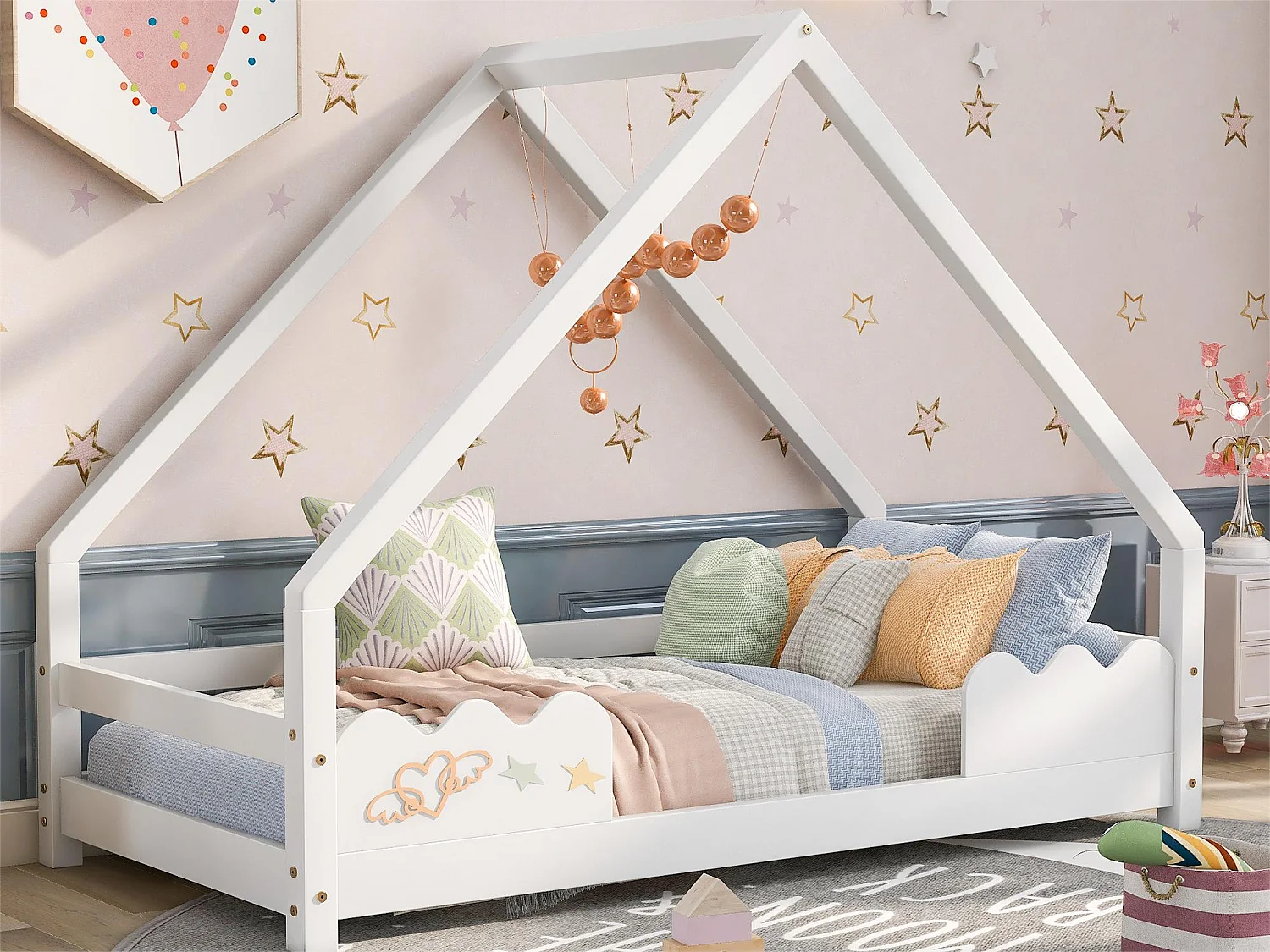 Lit cabane lit enfant 80x160cm avec protection antichute, lit ludique avec cadre enroulable, lit jeunesse bois massif blanc