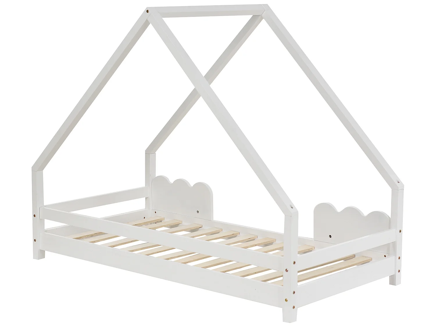 Lit cabane lit enfant 80x160cm avec protection antichute, lit ludique avec cadre enroulable, lit jeunesse bois massif blanc