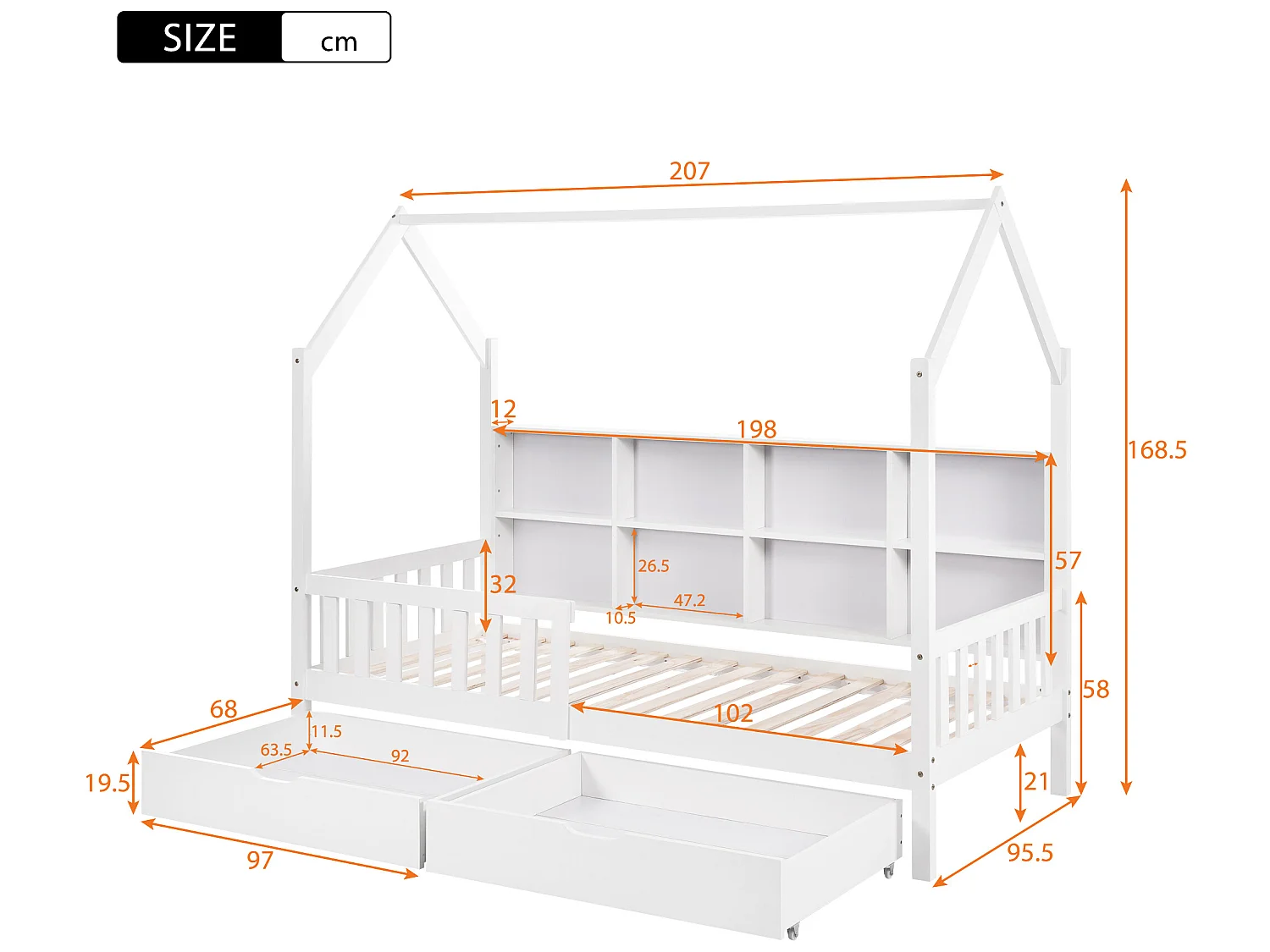 Hochbett 90 x 200 cm für Kinder mit 2 Schubladen, Bücherregal, Ablagefach, Lattenrost, weiß