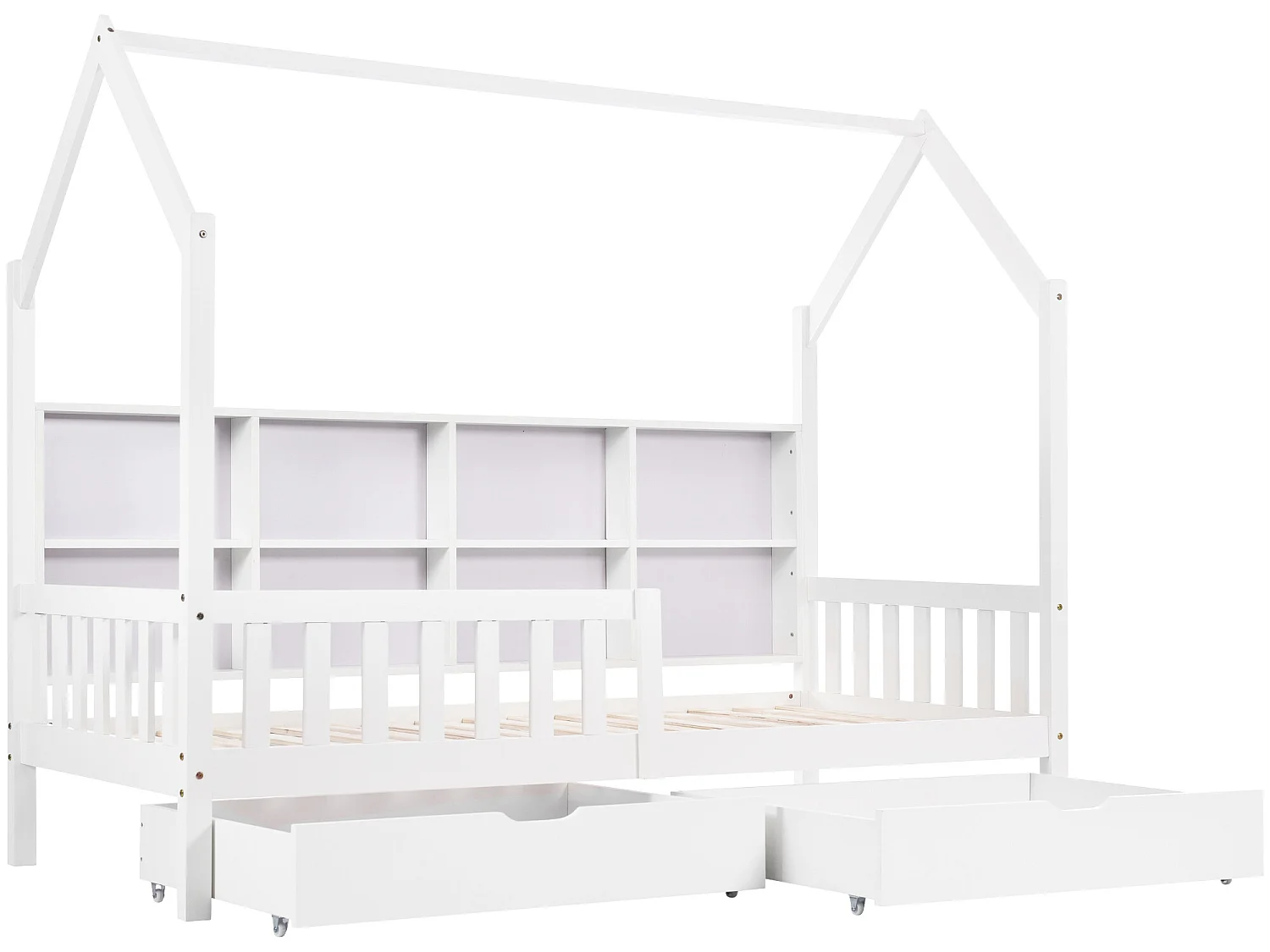 Hochbett 90 x 200 cm für Kinder mit 2 Schubladen, Bücherregal, Ablagefach, Lattenrost, weiß