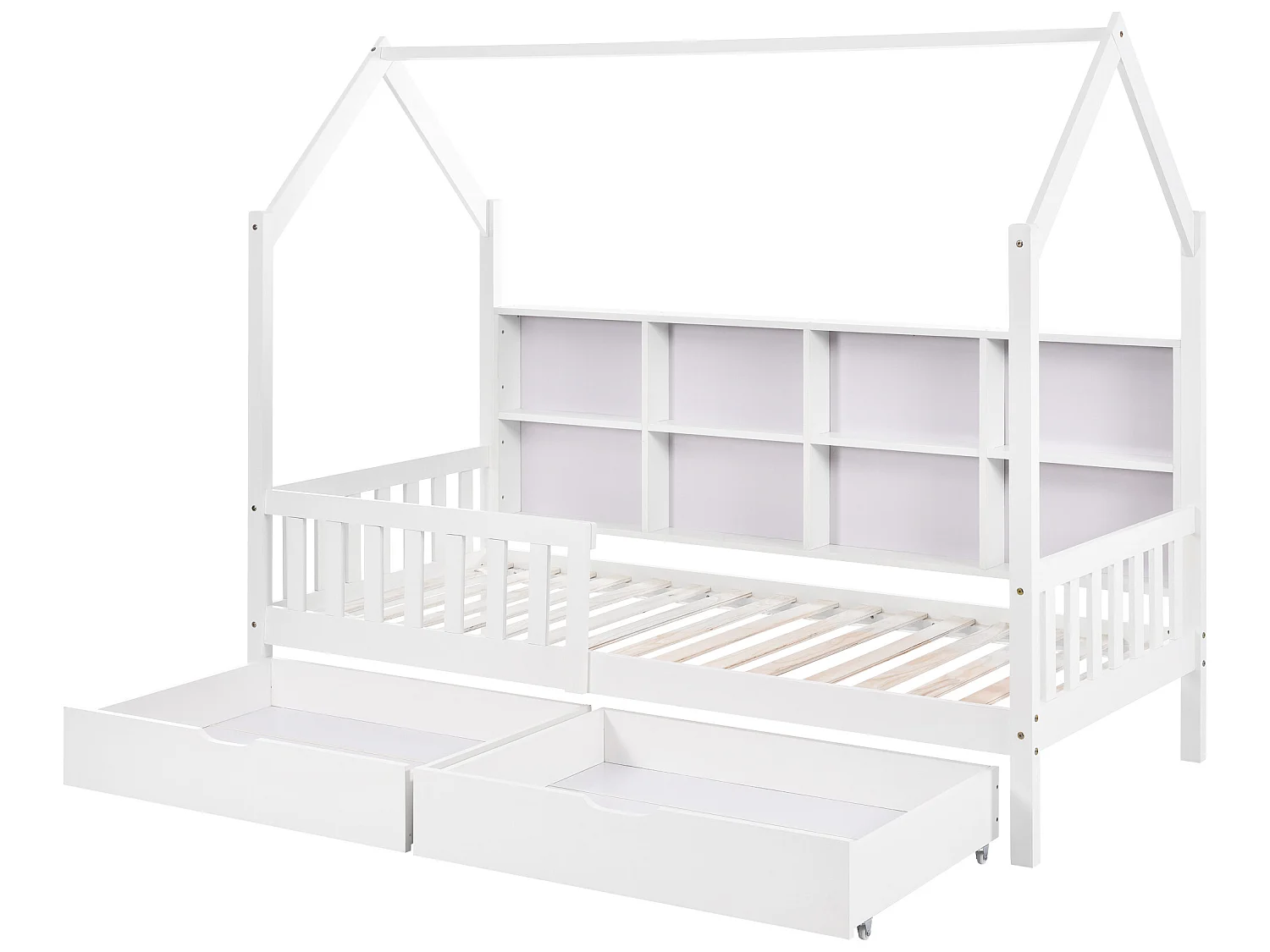 Hochbett 90 x 200 cm für Kinder mit 2 Schubladen, Bücherregal, Ablagefach, Lattenrost, weiß