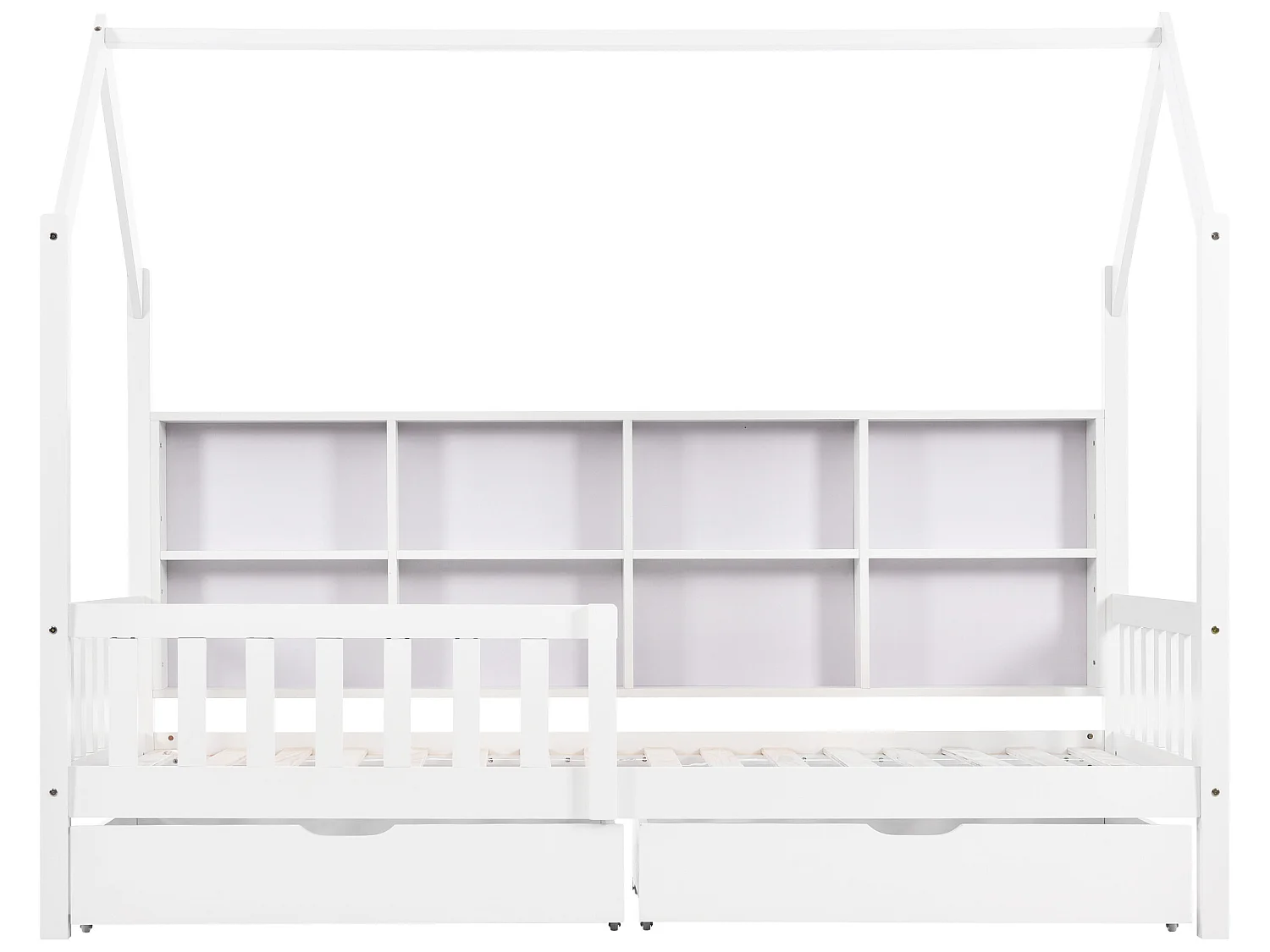 Hochbett 90 x 200 cm für Kinder mit 2 Schubladen, Bücherregal, Ablagefach, Lattenrost, weiß