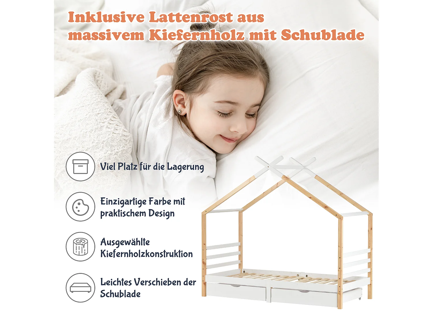 Cama cabina 90 x 200 cm con 2 cajones - Madera maciza - Somier de láminas - Blanco + color madera (Sin colchón)