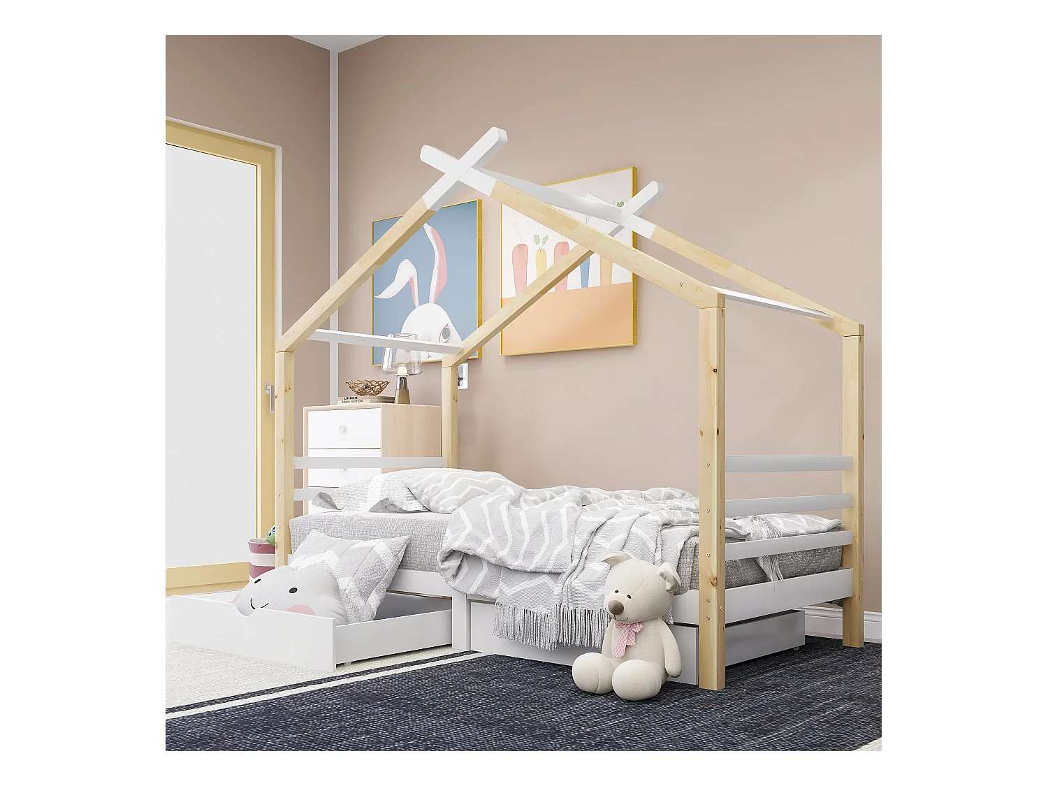 Lit cabane 90 x 200 cm avec 2 tiroirs - Bois massif - Sommier à lattes - Coloris blanc + bois (Sans matelas)