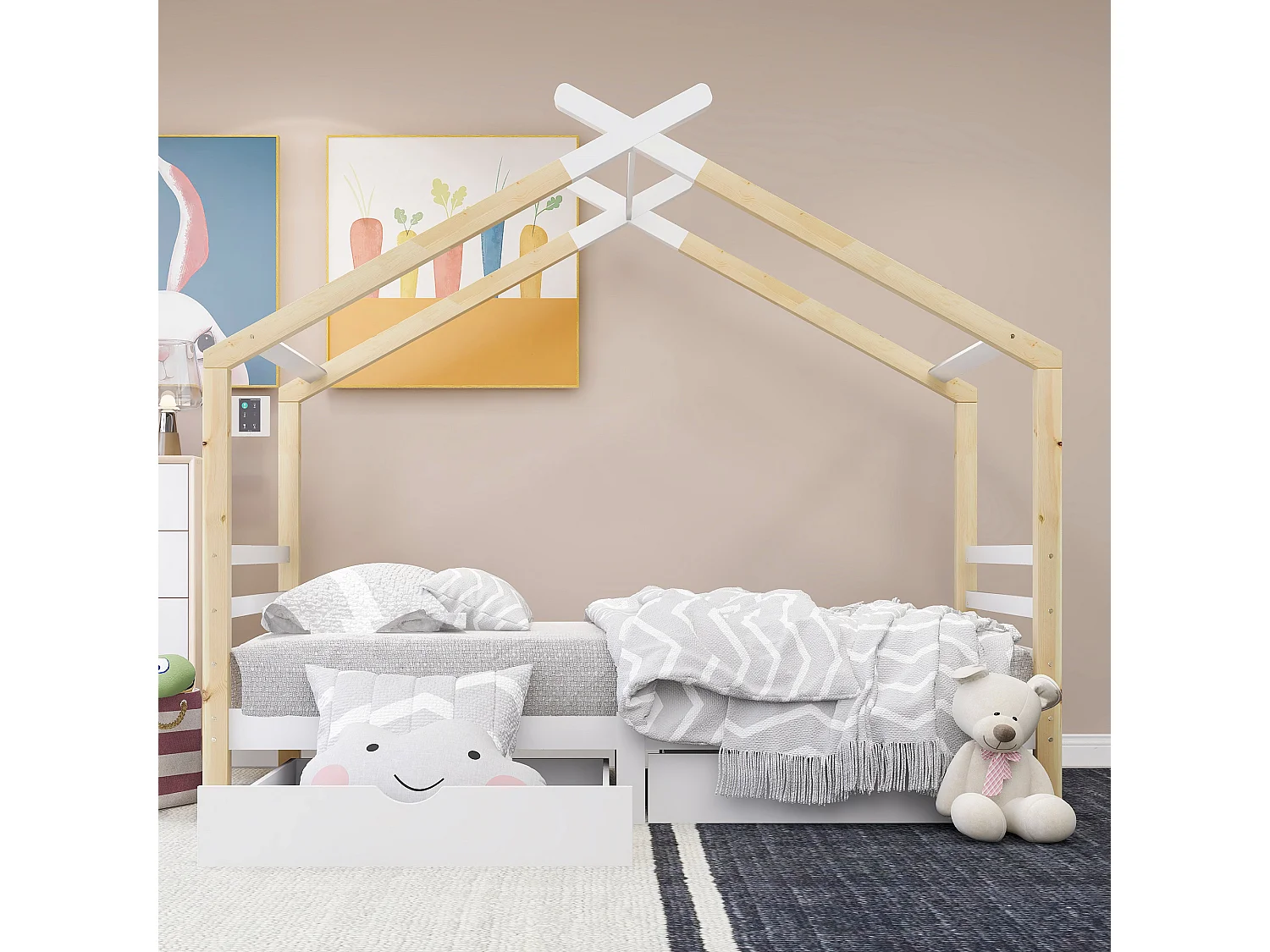 Lit cabane 90 x 200 cm avec 2 tiroirs - Bois massif - Sommier à lattes - Coloris blanc + bois (Sans matelas)