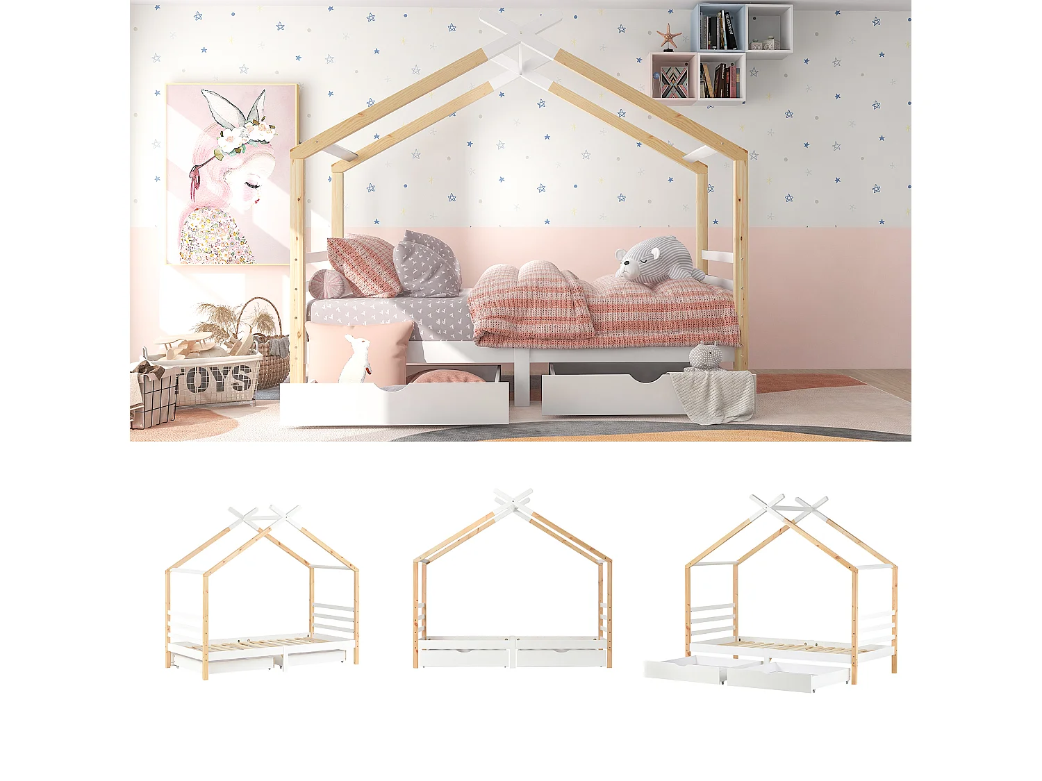 Lit cabane 90 x 200 cm avec 2 tiroirs - Bois massif - Sommier à lattes - Coloris blanc + bois (Sans matelas)