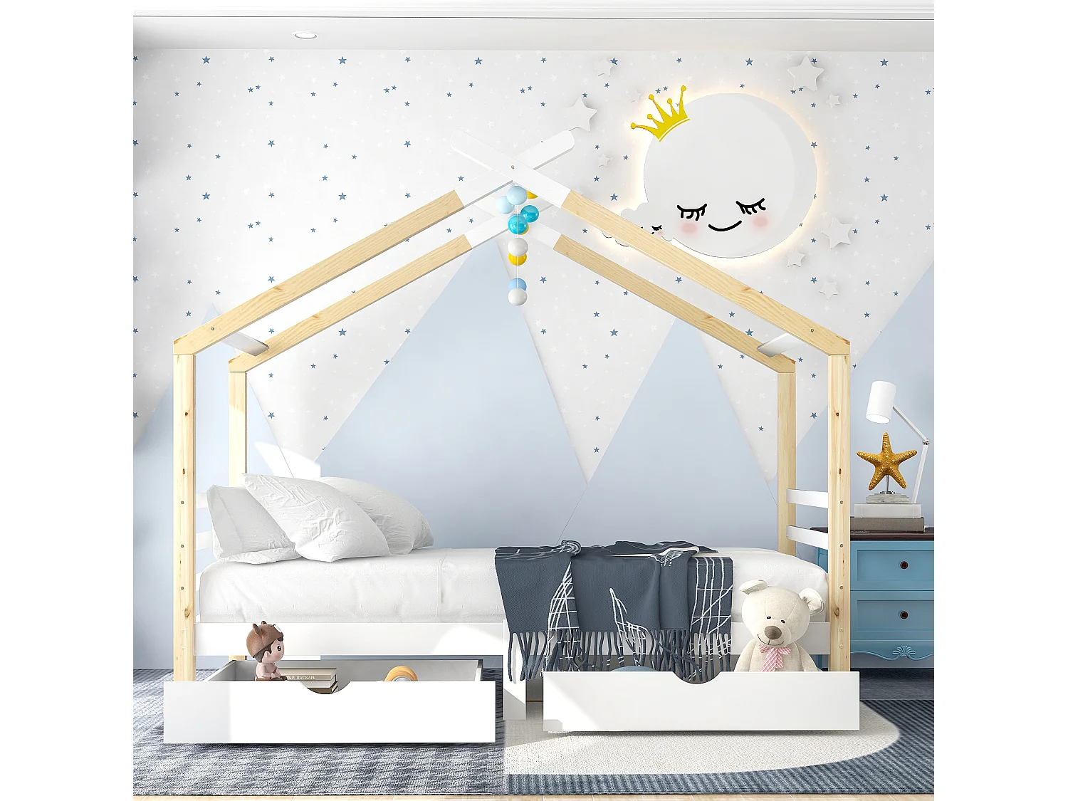 Lit cabane 90 x 200 cm avec 2 tiroirs - Bois massif - Sommier à lattes - Coloris blanc + bois (Sans matelas)