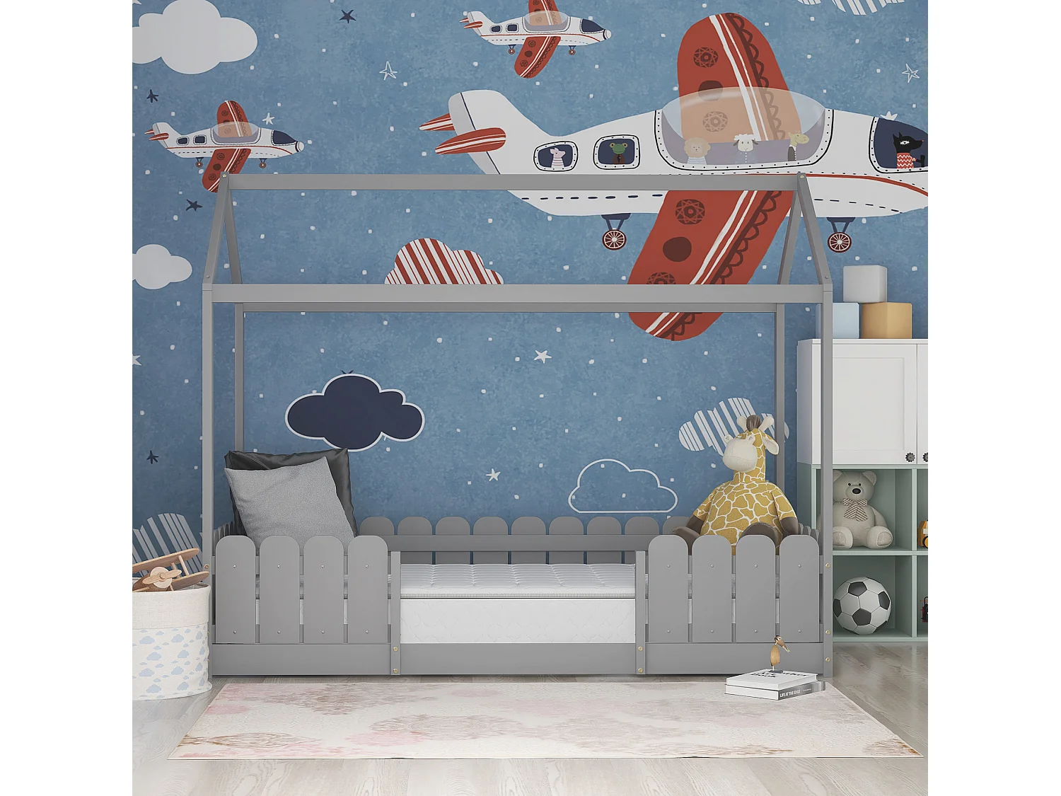 Cama-cabina para niños - 90 x 200 cm - madera maciza - barrera y somier - gris